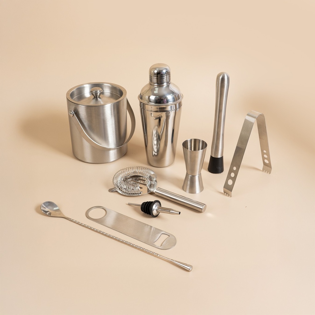 Picfest 9- Piece Stainless Steel Bar Tool Set  with Ice Bucket – Complete Cocktail Mixing Kit