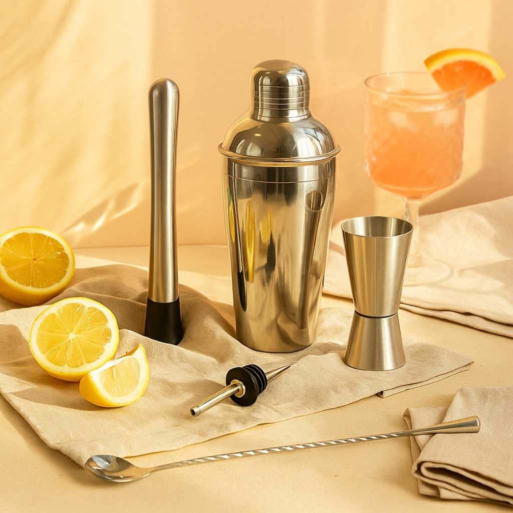 Picfest 5-Piece Stainless Steel Bar Tool Set – Cocktail Shaker,  Muddler & Stirrer Spoon,  Liquor Pourers , Double-Sided Jigger – 750ml