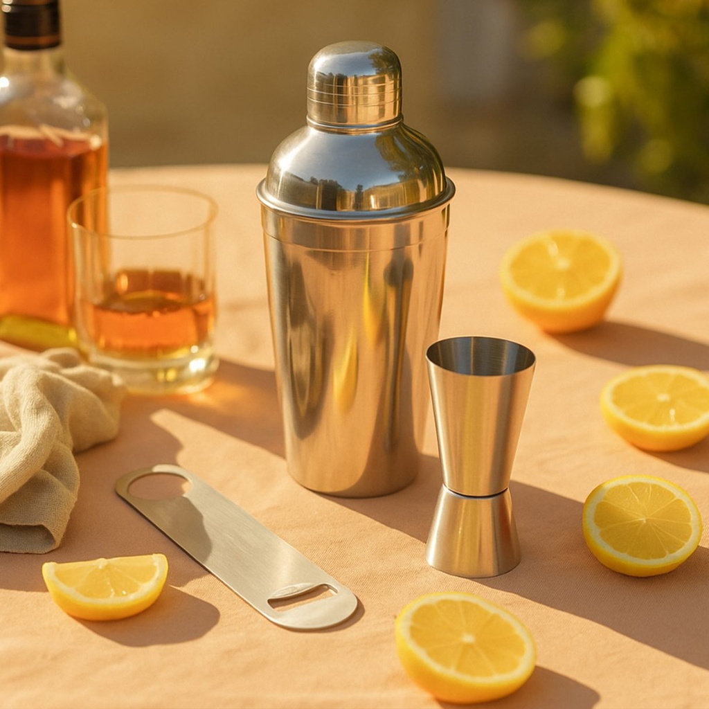 Picfest 3-Piece Stainless Steel Bar Set – Cocktail Shaker, Double-Sided Jigger & Bottle Opener (750ml)