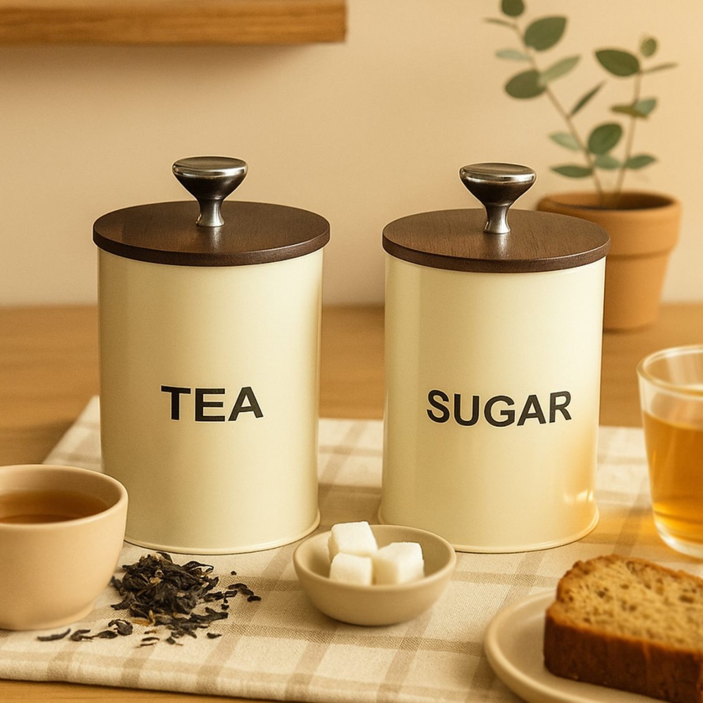 Picfest Tea & Sugar Jar container with Wooden Lid Set of 2