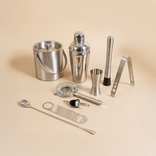 Picfest 9- Piece Stainless Steel Bar Tool Set  with Ice Bucket – Complete Cocktail Mixing Kit