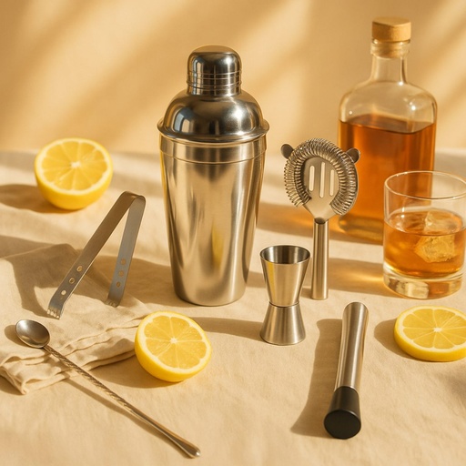 Picfest 6-Piece Stainless Steel Bar Tool Set – Cocktail Shaker, Strainer, Muddler & Stirrer Spoon , Ice Tong for Home Bar ,Double-Sided Jigger – 750ml