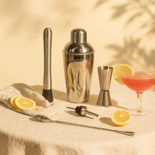 Picfest 5-Piece Stainless Steel Bar Tool Set – Cocktail Shaker, Strainer, Stirrer Spoon, Liquor Pourers 