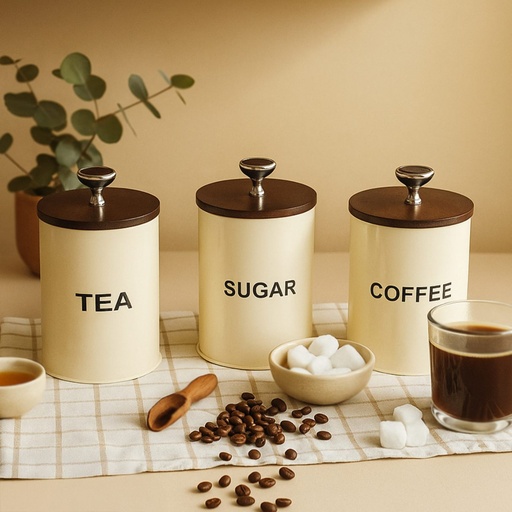 Picfest White Tin Tea, Coffee & Sugar Jar Set