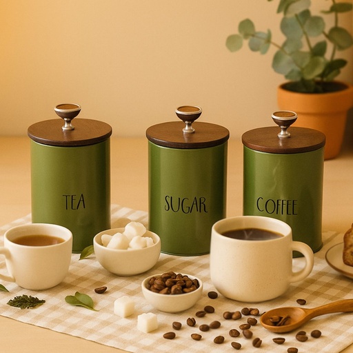 Picfest Green Tin Jar Set – Tea, Coffee & Sugar Storage (Set of 3)